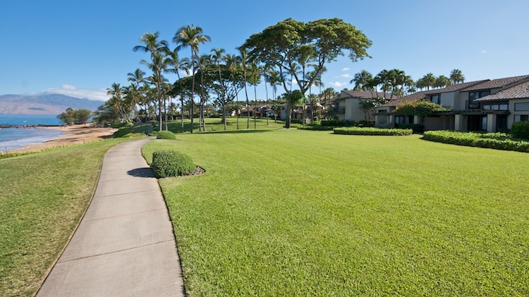 Well-maintained grounds grace the beachfront