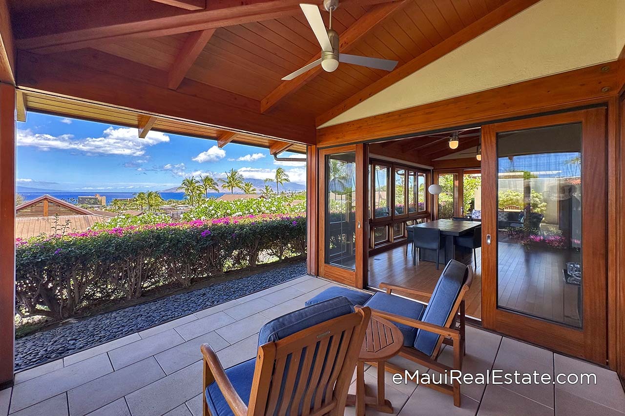 Covered lanai off the Primary Suite at Papali Wailea.